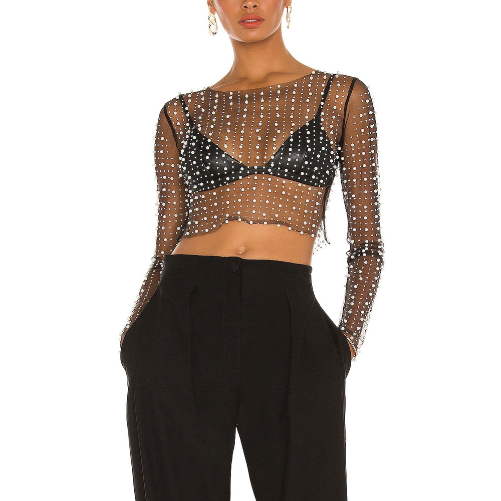 Beach Bunny Look And Glisten Black Pearl Mesh Top Size XS